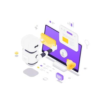 Isometric vector illustration of an AI robot for email marketing. For automat Stock Illustration