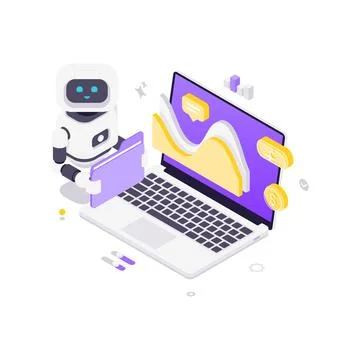 Isometric vector illustration of an AI robot analyzing financial data. For bu Illustrazione stock