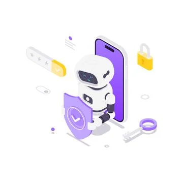 Isometric vector illustration of an AI robot for mobile cybersecurity. A bot  Stock Illustration