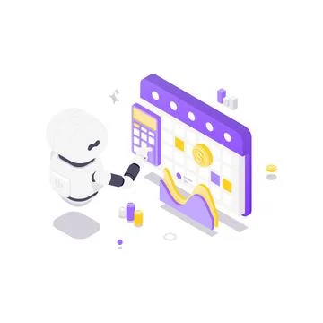Isometric vector illustration of an AI robot for financial planning. A concep Stock Illustration