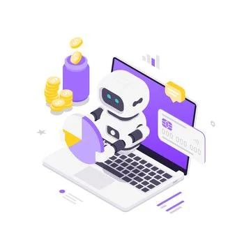 Isometric vector illustration of an AI robot for financial management. Concep Stock Illustration