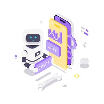 Isometric vector illustration of an AI robot building a mobile app. A concept 库存插图