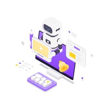 Isometric vector illustration of an AI robot on a computer. Bot creating vide Illustrazione stock