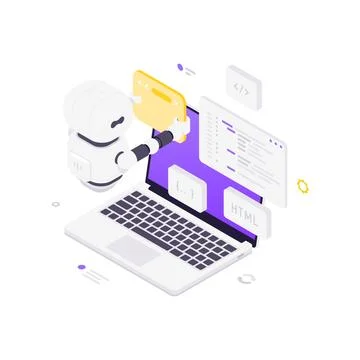 Isometric vector illustration of AI robot coding on a laptop. Concept for aut Stock Illustration