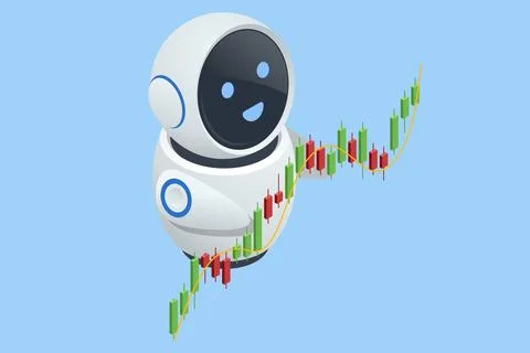 An isometric vector illustration of an AI trading robot analyzing stock market Stock Illustration