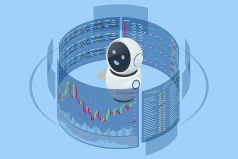 An isometric vector illustration of an AI trading robot analyzing stock market Stock Illustration