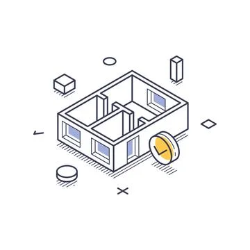 Isometric vector illustration of an apartment floor plan with a checkmark. Sy Stock Illustration
