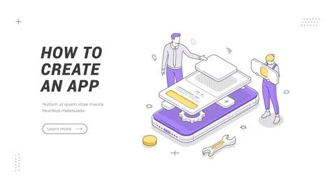 Isometric vector illustration of app creation. A mobile application developme Illustrazione stock
