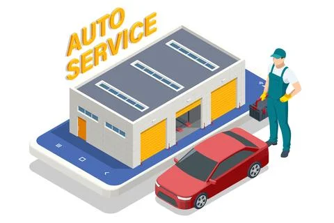 Isometric vector illustration of an auto service building displayed on a large 스톡 일러스트