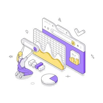 Isometric vector illustration of automated data analysis. Robotic arm works w 스톡 일러스트