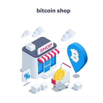 Isometric vector illustration on beolm background, bitcoin shop next to shopp イラスト素材