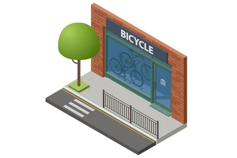 An isometric vector illustration of a bicycle shop facade with glass windows, a Stock Illustration