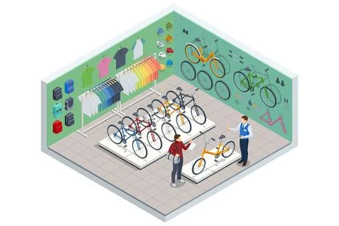 An isometric, vector illustration of a bicycle shop interior featuring a variety Stock Illustration