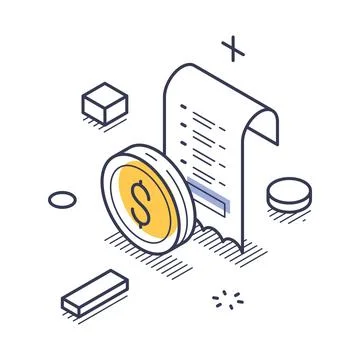 Isometric vector illustration of a bill and a coin. Represents financial tran Stock Illustration