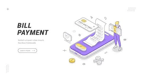 Isometric vector illustration of a bill payment process. Mobile banking and o Иллюстрация