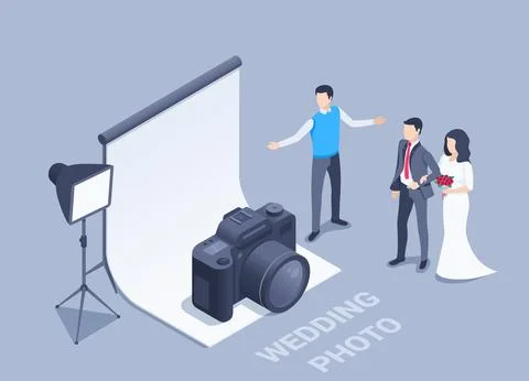 Isometric vector illustration on a black background, a photographer next to a Stock Illustration