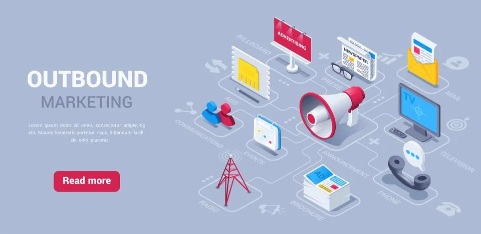 Isometric vector illustration on black background, outbound marketing landing Stock Illustration
