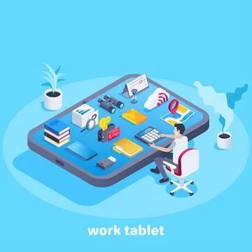 Isometric vector illustration on a blue background, a man sits at a tablet as イラスト素材