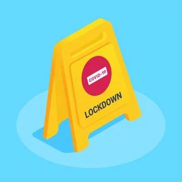 Isometric vector illustration on blue background, warning yellow shield with  Stock Illustration