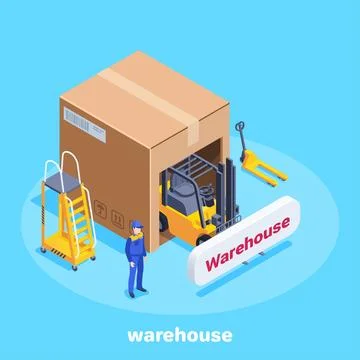 Isometric vector illustration on a blue background, a large box and equipment Stock Illustration