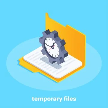 Isometric vector illustration on a blue background, open folder icon and cloc Stock Illustration