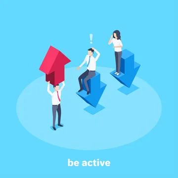 Isometric vector illustration on a blue background, a man holds a red up arro Stock Illustration