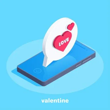Isometric vector illustration on blue background, message with heart on smart Stock Illustration