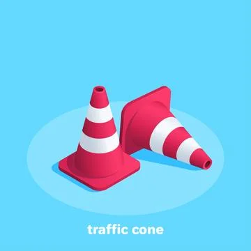 Isometric vector illustration..  on a blue background, two red traffic cones, Stock Illustration