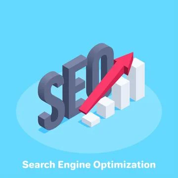 Isometric vector illustration on blue background, word seo and chart with arr Illustrazione stock
