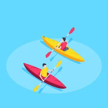 Isometric vector illustration on blue background, men in sports uniforms sail Stock Illustration