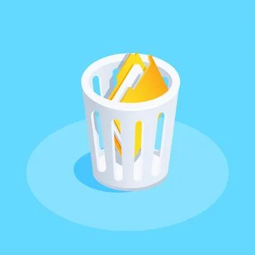 Isometric vector illustration on blue background, trash can and folder, recov 스톡 일러스트