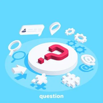 Isometric vector illustration on blue background, red question mark and icons Stock Illustration