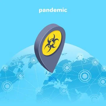 Isometric vector illustration on blue background, globe and pandemic warning  库存插图