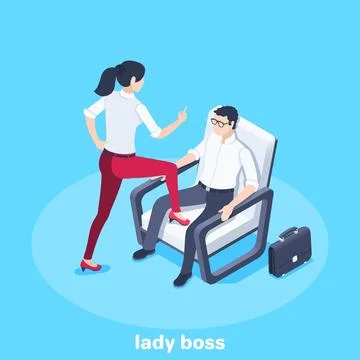 Isometric vector illustration on blue background, lady boss stands over a man Ilustração Stock