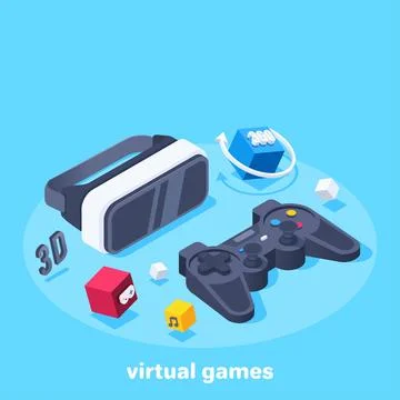 Isometric vector illustration on a blue background, virtual glasses and a gam Stock Illustration