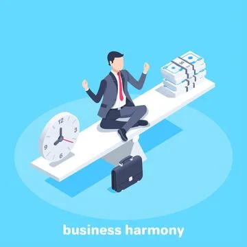 Isometric vector illustration on blue background, man in business suit medita Stock Illustration