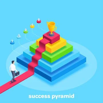 Isometric vector illustration on blue background, pyramid of success, man in  Stock Illustration