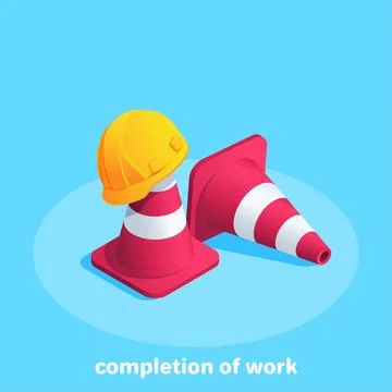 Isometric vector illustration on blue background, traffic cones and construct Illustrazione stock