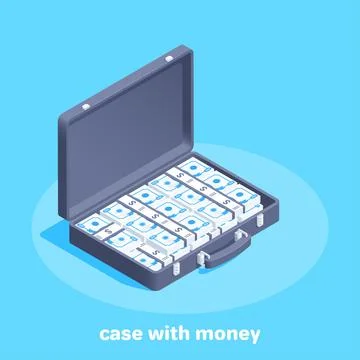 Isometric vector illustration on blue background, case with money, business i Stock Illustration