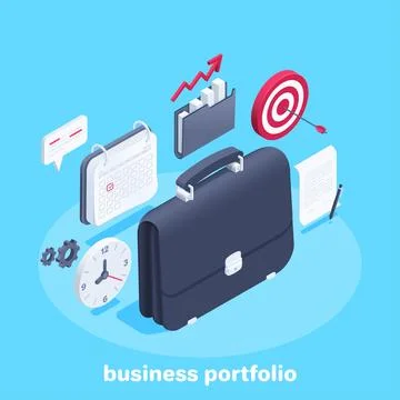 Isometric vector illustration on blue background, business briefcase with cal Stock Illustration