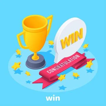 Isometric vector illustration on blue background, gold cup next to red ribbon Stock Illustration
