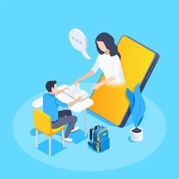 Isometric vector illustration on a blue background, a guy sits at a desk in f Ilustração Stock