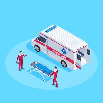 Isometric vector illustration on blue background, ambulance workers with pati Stock Illustration