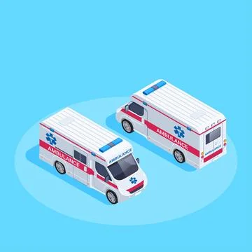Isometric vector illustration on blue background, ambulance car front and bac 库存插图