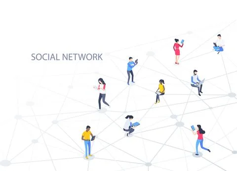 Isometric vector illustration on blue background, social network and people w Stock Illustration