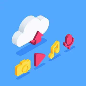 Isometric vector illustration on a blue background, a set of icons on the the Stock Illustration
