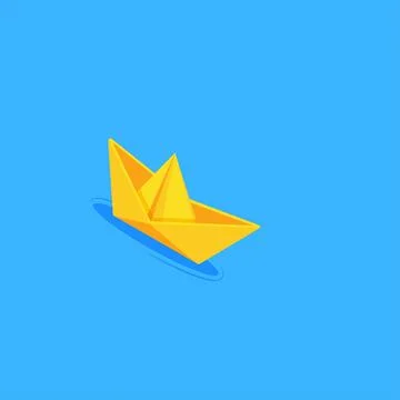 Isometric vector illustration on blue background, yellow paper boat floats on Stock Illustration
