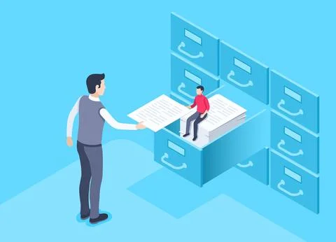 Isometric vector illustration on a blue background, a man takes a sheet of a  Stock Illustration