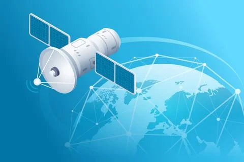 Isometric vector illustration on a blue background, a satellite flies in orbi Stock Illustration