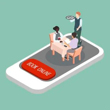 Isometric vector illustration, book the table online via smartphone concept Stock Illustration